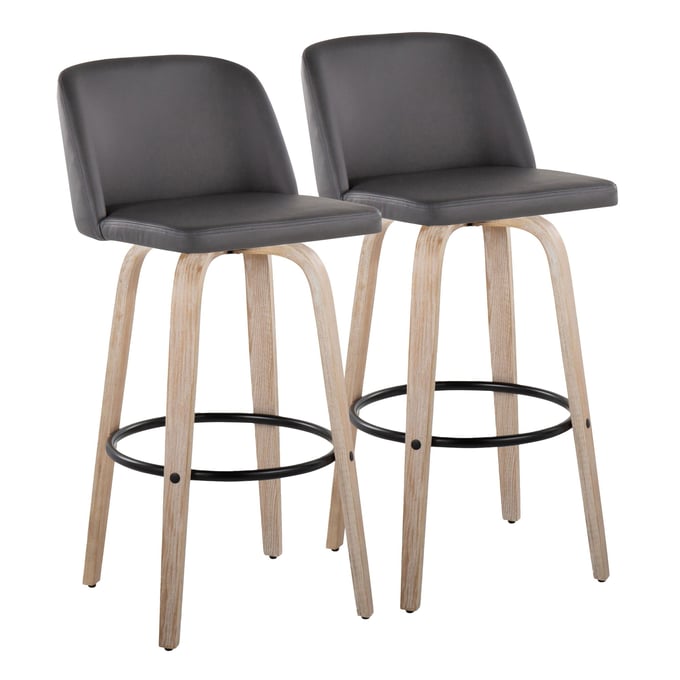 2 LumiSource Toriano Whitewashed Grey 30 Inch Swivel Bar Stools with Black Round Footrest LUMI-B30-TRNOPU-GRTZQ2-WWGY2