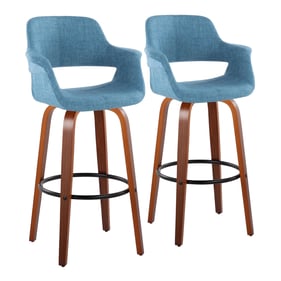 2 LumiSource Vintage Flair Walnut Blue Fabric 30 Inch Swivel Barstools with...