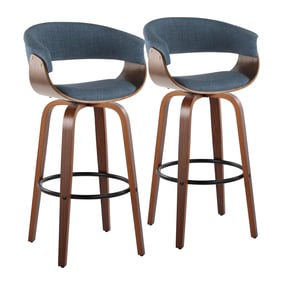 2 LumiSource Vintage Mod Walnut Blue Fabric 30 Inch Swivel Barstools with B...