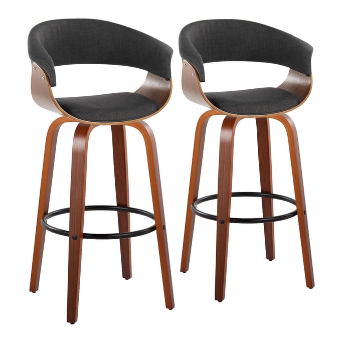 2 LumiSource Vintage Mod Walnut Charcoal Fabric 30 Inch Swivel Barstools with Black Round Footrest LUMI-B30-VMO-GRTZQ2-WLWLCHAR2