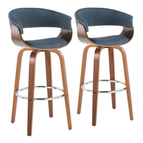 2 LumiSource Vintage Mod Walnut Blue Fabric 30 Inch Swivel Barstools with C...