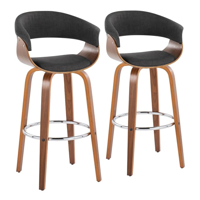 2 LumiSource Vintage Mod Walnut Charcoal Fabric 30 Inch Swivel Barstools with Chrome Round Footrest LUMI-B30-VMO-GRTZR2-WLWLCHAR2