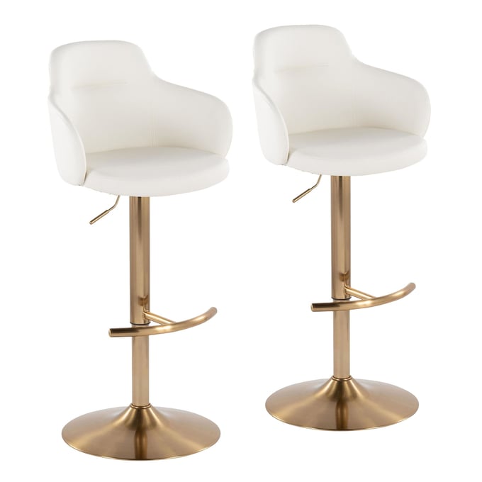 2 LumiSource Boyne Gold White Swivel Adjustable Barstools with Rounded T Footrest LUMI-BS-BOYNEPU-RT2-AUW2