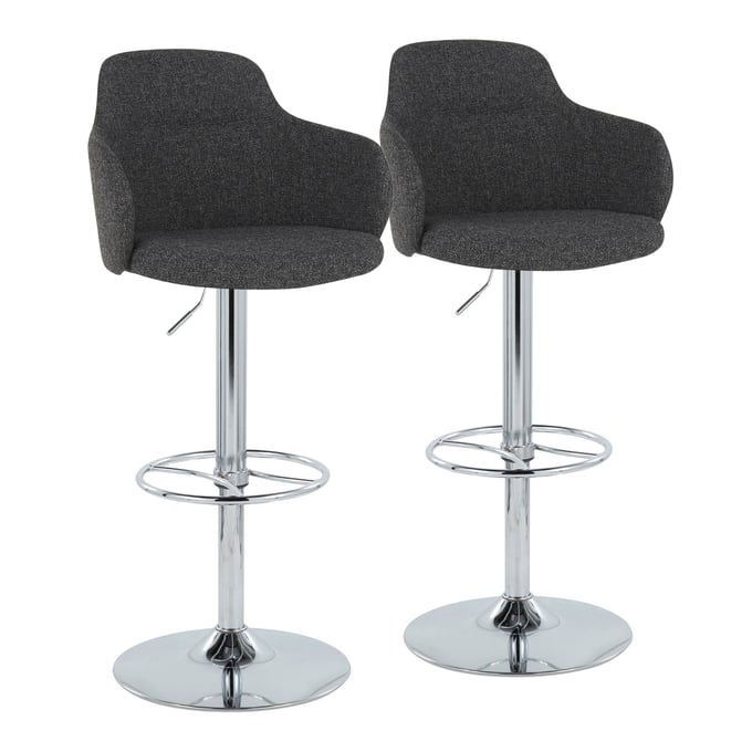 2 LumiSource Boyne Chrome Dark Grey Swivel Adjustable Barstools with Round Wheel Footrest LUMI-BS-BOYNEFB-WH2-CHRDGY2