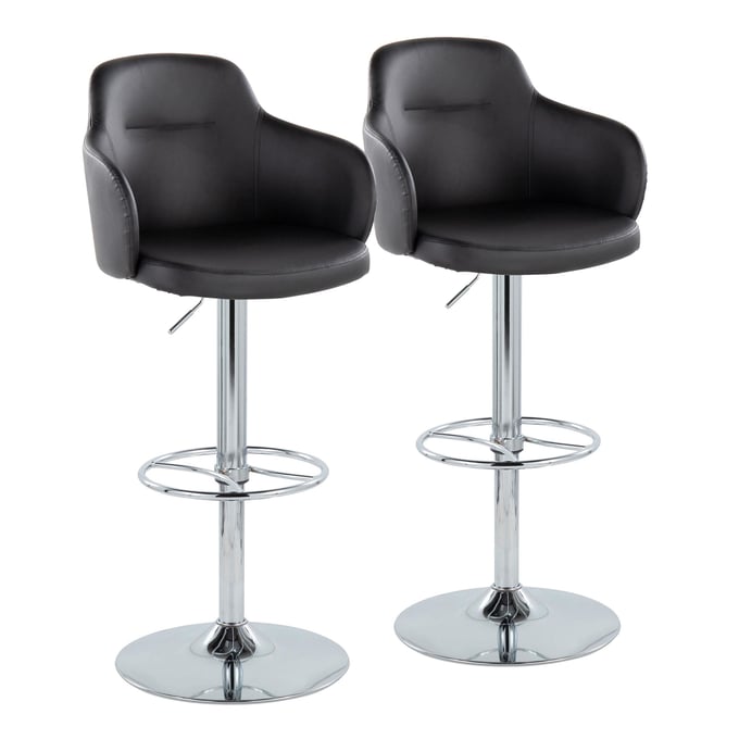 2 LumiSource Boyne Chrome Black Swivel Adjustable Barstools with Round Wheel Footrest LUMI-BS-BOYNEPU-WH2-CHRBK2