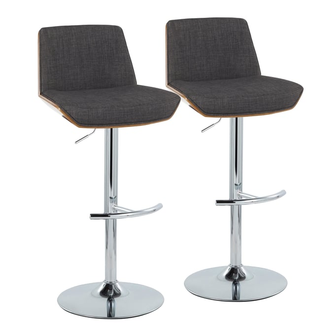 2 LumiSource Corazza Walnut Charcoal Swivel Adjustable Barstools LUMI-BS-CRZZFB-RT2-CHRWLCHAR2