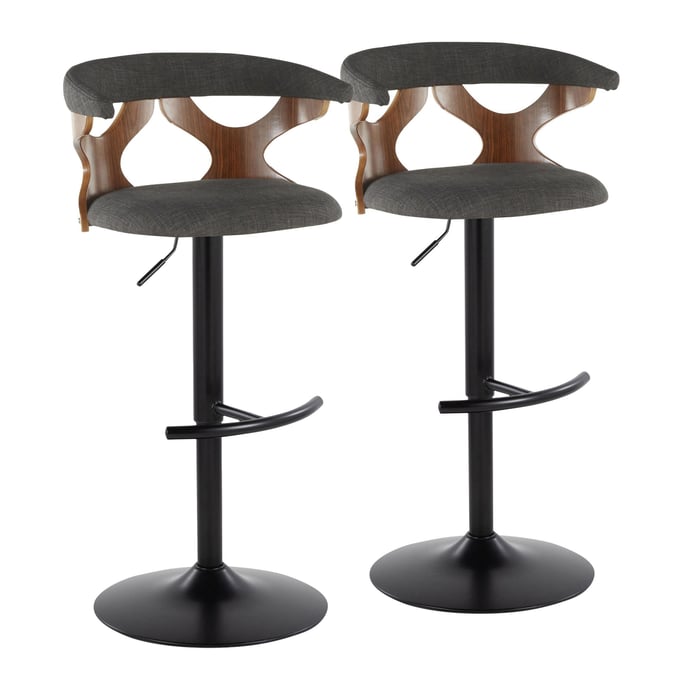 2 LumiSource Gardenia Walnut Charcoal Swivel Adjustable Barstools LUMI-BS-GARDFB-RT2-BKWLCHAR2