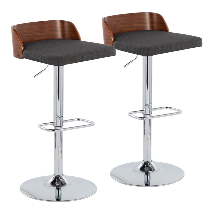 2 LumiSource Maya Chrome Charcoal Swivel Adjustable Barstools with Rounded Rectangle Footrest LUMI-BS-MAYAFB-RR2-CHRWLCHAR2