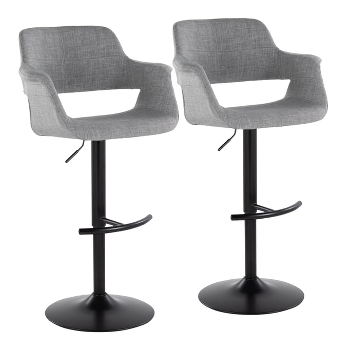 2 LumiSource Vintage Flair Black Light Grey Fabric Swivel Adjustable Barstools with Rounded T Footrest LUMI-BS-VFL-RNT2-BKLGY2