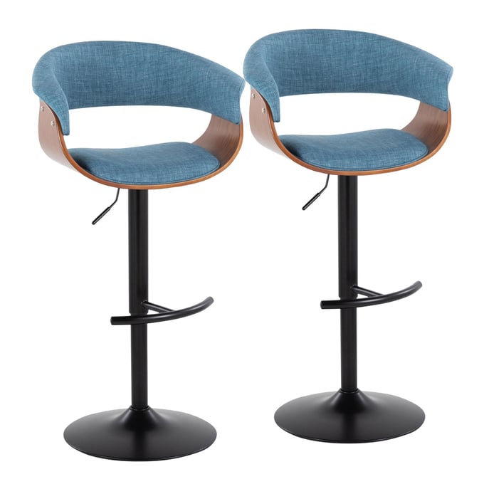 2 LumiSource Vintage Mod Walnut Blue Fabric Swivel Adjustable Height Barstools with Black Rounded T Footrest LUMI-BS-VMO-RT2-BKWLBU2