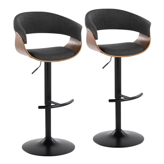 2 LumiSource Vintage Mod Walnut Charcoal Fabric Swivel Adjustable Height Barstools with Black Rounded T Footrest LUMI-BS-VMO-RT2-BKWLCHAR2