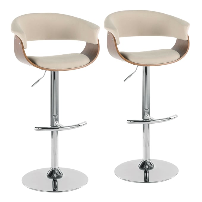 2 LumiSource Vintage Mod Walnut Cream Fabric Swivel Adjustable Height Barstools with Chrome Rounded T Footrest LUMI-BS-VMO-RT2-CHRWLCR2