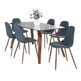 LumiSource Folia Pebble Walnut Blue Fabric 7pc Dining Set