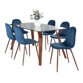 LumiSource Folia Pebble Walnut Blue Velvet 7pc Dining Set