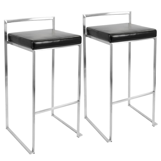 2 LumiSource Fuji Black Faux Leather Stackable Barstools LUMI-BS-FUJI-BK2