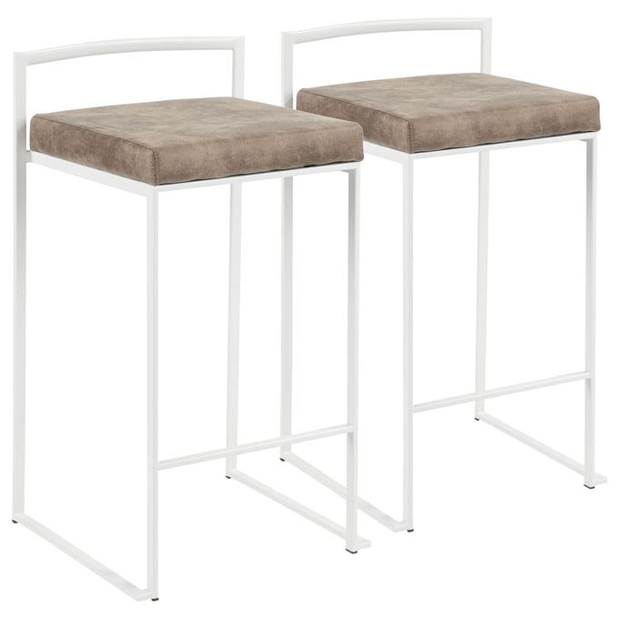 2 LumiSource Fuji White Brown Cowboy Fabric Stackable Counter Stools LUMI-B26-FUJI-W-FBN2