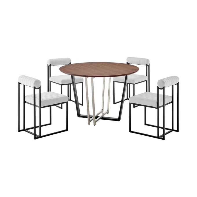 Luxur Living Kinhi Khudaj Light Gray Black Iron 5pc Round Walnut Dining Table Set LUX-SETJO5BLKLGRY