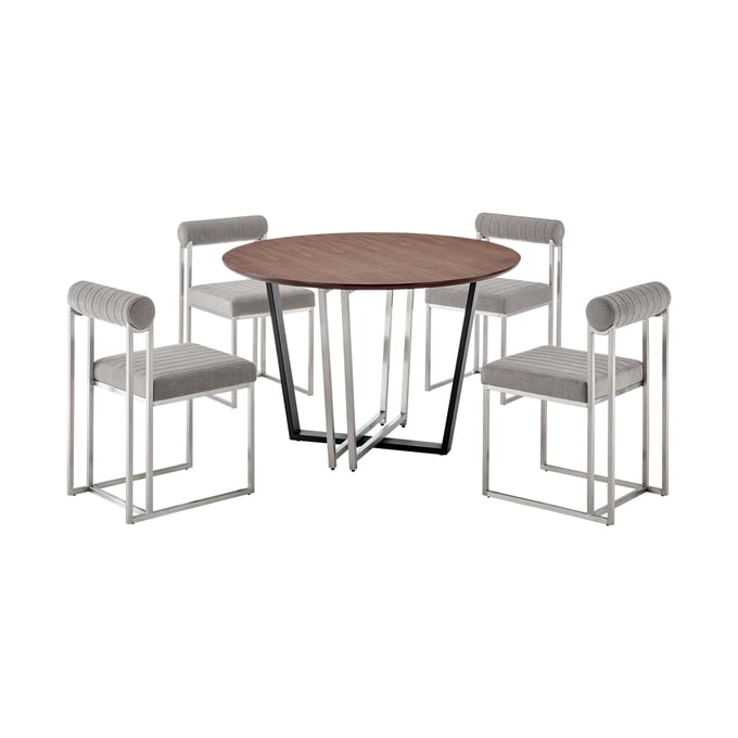 Luxur Living Kinhi Khudaj Light Gray 5pc Round Walnut Dining Table Set LUX-SETJO5BSLGRY