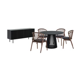 Luxur Living Khodad Khori Walnut Black Oak 6pc Round Dining Set with Buffet