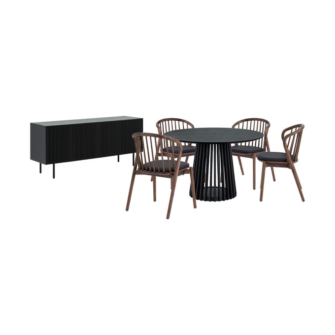 Luxur Living Khodad Khori Walnut Black Oak 6pc Round Dining Set with Buffet LUX-SETRPABLK6ECWAL