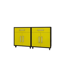 2 Manhattan Comfort Eiffel Matte Black Yellow Mobile Garage Cabinet