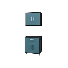 Manhattan Comfort Eiffel Matte Black Aqua Blue 2pc Storage Garage Set