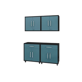 Manhattan Comfort Eiffel Matte Black Aqua Blue 4pc Garage Storage Set