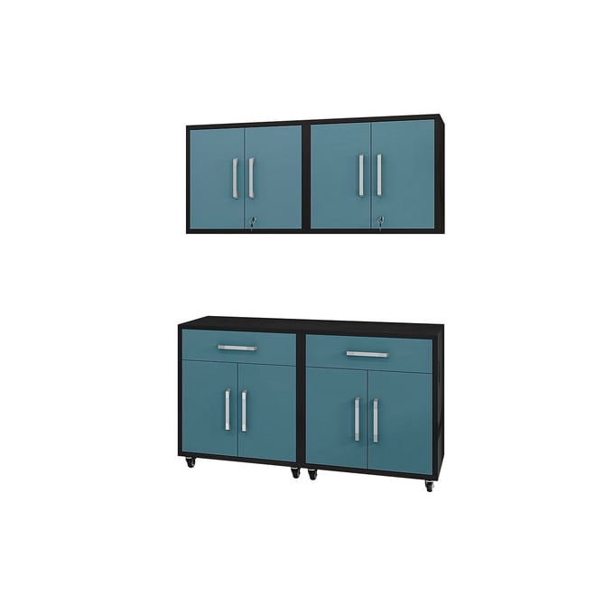 Manhattan Comfort Eiffel Matte Black Aqua Blue 4pc Garage Storage Set MHC-4-257BMC83