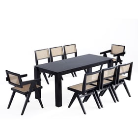 Manhattan Comfort Rockaway and Hamlet Black and Natural Cane 9pc Dining Set