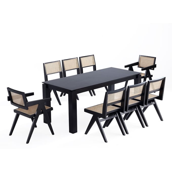 Manhattan Comfort Rockaway and Hamlet Black and Natural Cane 9pc Dining Set MHC-8-DT02DCCA03-BK