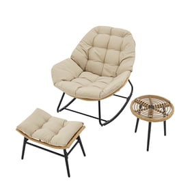 Manhattan Comfort Benson Cream 3pc Patio Rocking Chair with Ottoman and Tab...