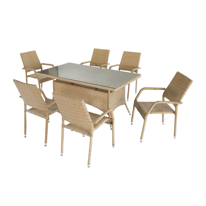 Manhattan Comfort Genoa Nature Tan Weave 7pc Outdoor Dining Set MHC-OD-DS002-NE