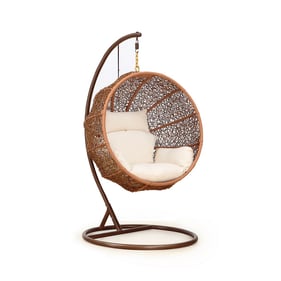 Manhattan Comfort Zolo Cream Saddle Brown Hanging Lounge Egg Patio Swing Ch...