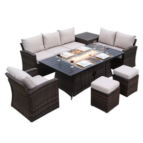 Moda Furnishings Brown Wicker 7pc Patio Seating Set with Firepit Table