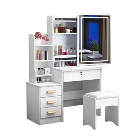 Moda Furnishings White Makeup Vanity Desk with Mirror