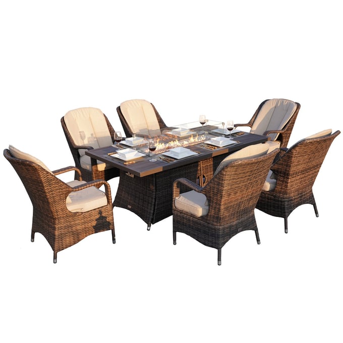 Moda Furnishings Brown Patio 7pc Fire Pit Dining Set MODA-PAG-1106RA-BR