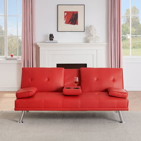 Moda Furnishings Red Leather Sofa Bed with Integrated Coffee Table