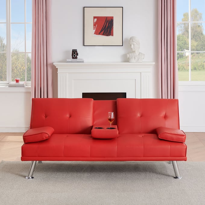 Moda Furnishings Red Leather Sofa Bed with Integrated Coffee Table MODA-MD-W165880941