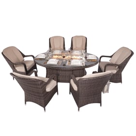 Moda Furnishings Brown Wicker 7pc Outdoor Fire Pit Table with Chairs Set