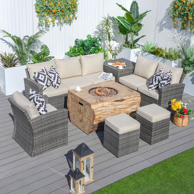 Moda Furnishings Gray Patio Seating Sofa Set with Grain Fire Pit Table MODA-PAG-1403B-2170-GR