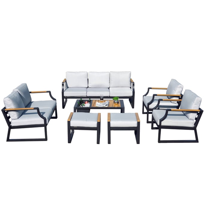 Moda Furnishings Black 7pc Patio Conversational Sofa Set with Drink Cooler Coffee Table MODA-PAS-2101-BK