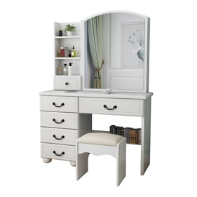 Moda Furnishings White Makeup Vanity Table Set with Mirror