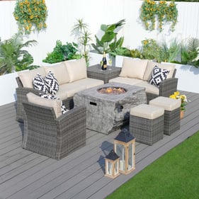 Moda Furnishings Gray Wicker Patio Seating Sofa Set with Grain Fire Pit Tab...