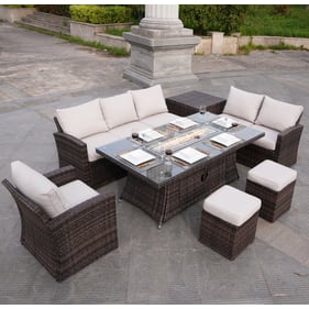 Moda Furnishings Brown 7pc Gas Fire Pit Dining Table with Patio Wicker Sofa...