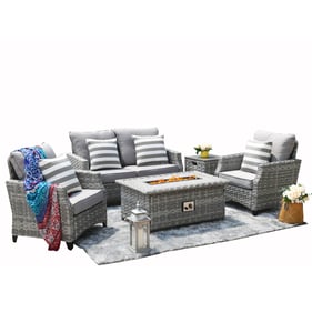 Moda Furnishings Gray Wicker 5pc Outdoor Gas Fire Pit Conversation Set