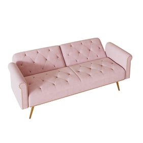 Moda Furnishings Pink Velvet Sofa Bed with Throw Pillow