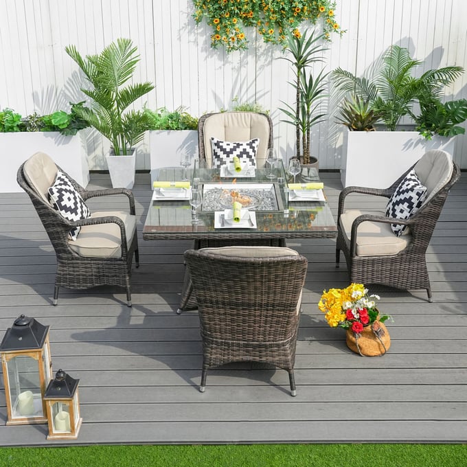 Moda Furnishings Brown Rattan Square 5pc Gas Firepit Dining Set MODA-PAG-1104-BR