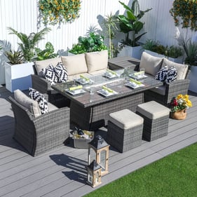 Moda Furnishings Gray 7pc Gas Fire Pit Dining Table with Patio Wicker Sofa ...