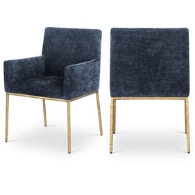 2 Meridian Furniture Reeves Navy Chenille Fabric Gold Dining Chairs