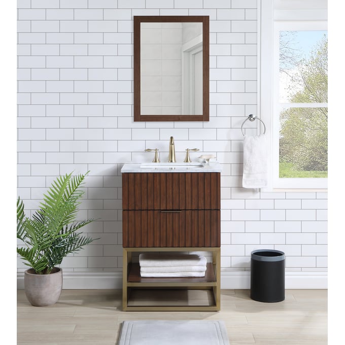 Meridian Furniture Monad Walnut Brushed Gold 24 Inch Bathroom Vanity And Mirror MRD-404WAL-24-BATH-VNT-SET